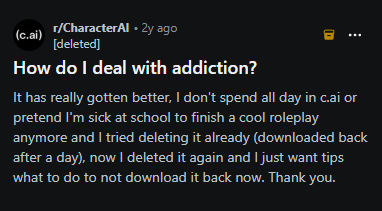 Reddit post from a deleted user asking how to deal with an addiction to Character.AI.